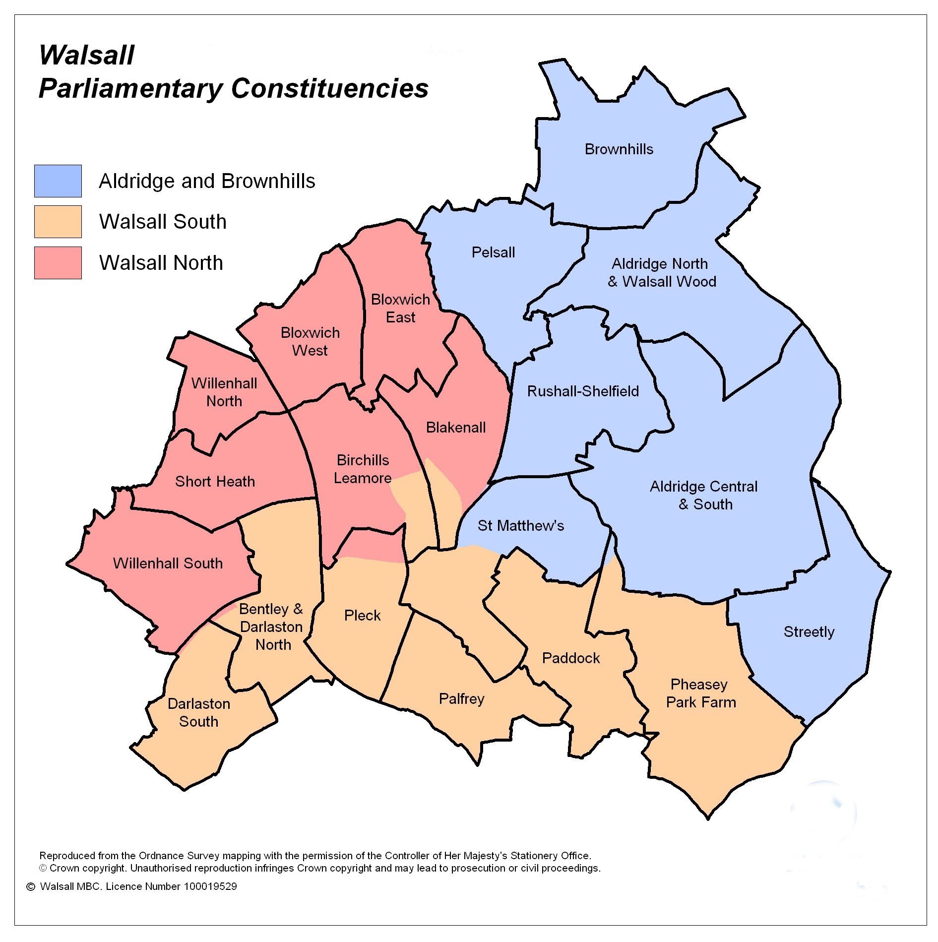 map showing Walsall electoral wards and boundaries